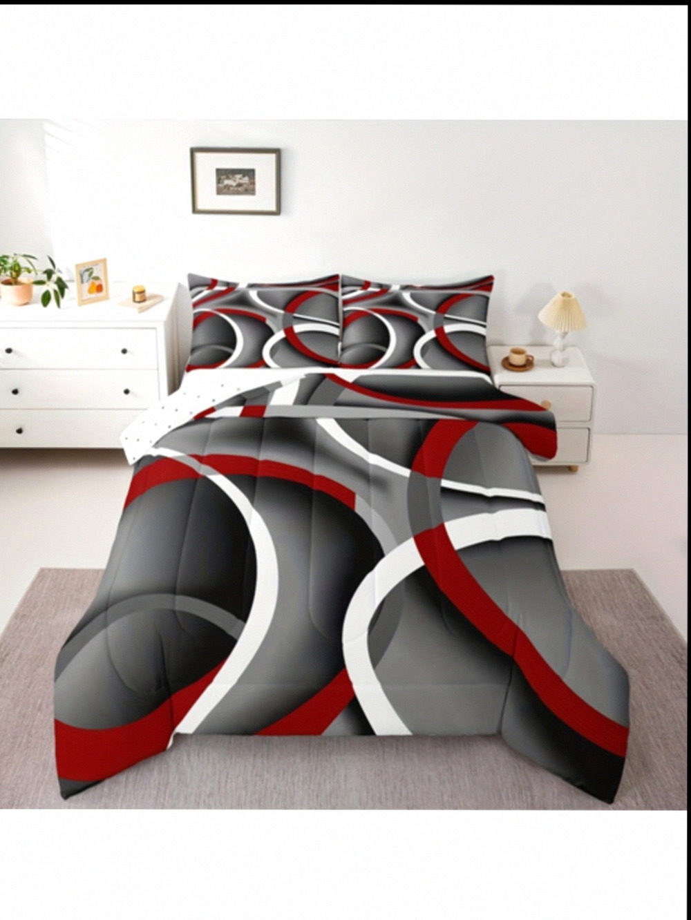 1 Comforter 2 Pillowcases Gray Black Red Modern Abstract Bedding Set Low Allergy Modernist Duvet With Black Red Swirls All Season Soft Comforter Machine Washable Bedspread For Wo D0e620