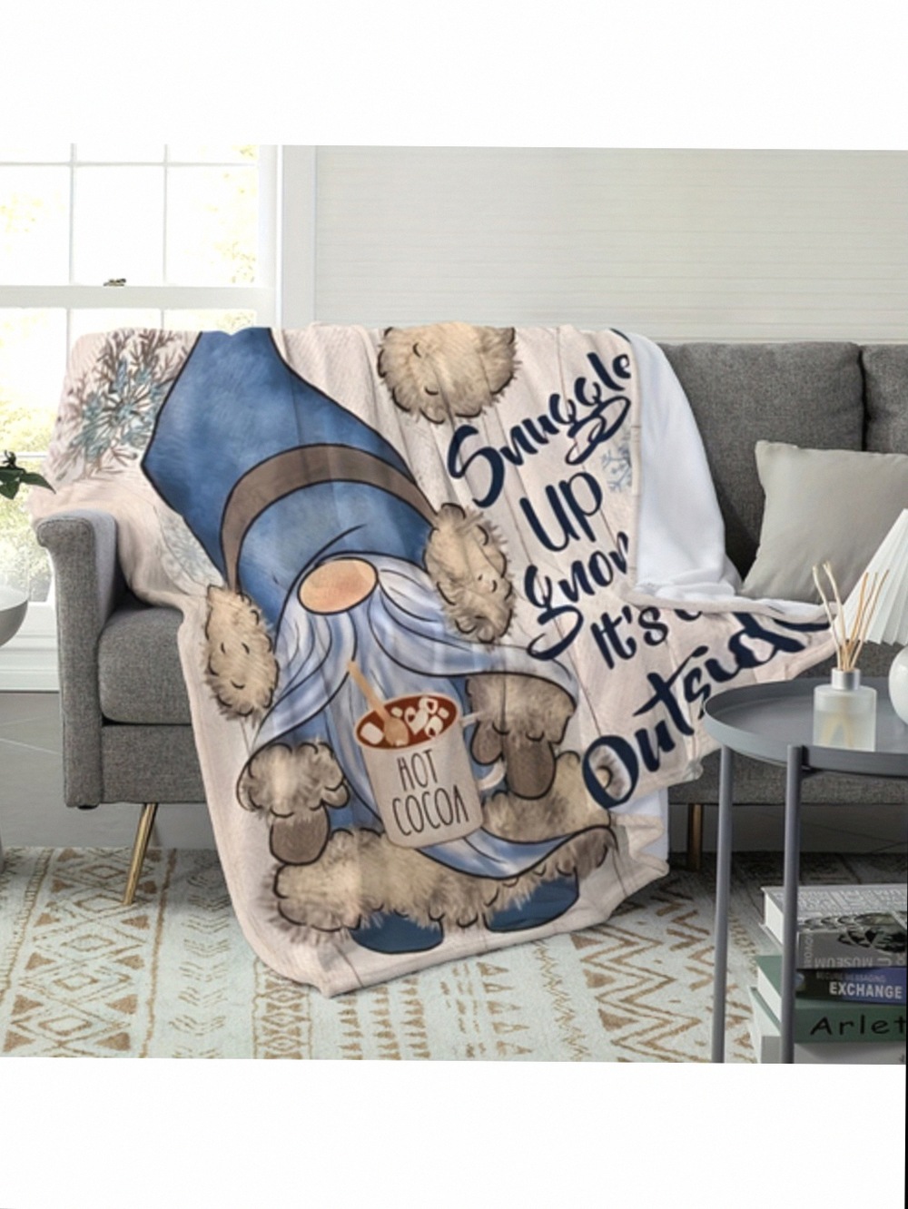 1pc Blue Gnome Print Flannel Blanket Snowflake And Hot Cocoa Fantasy Pattern Multi Functional For Sofa Office Travel Camping In All Seasons Machine Washable Comfortable Gift Perfe Dc796a