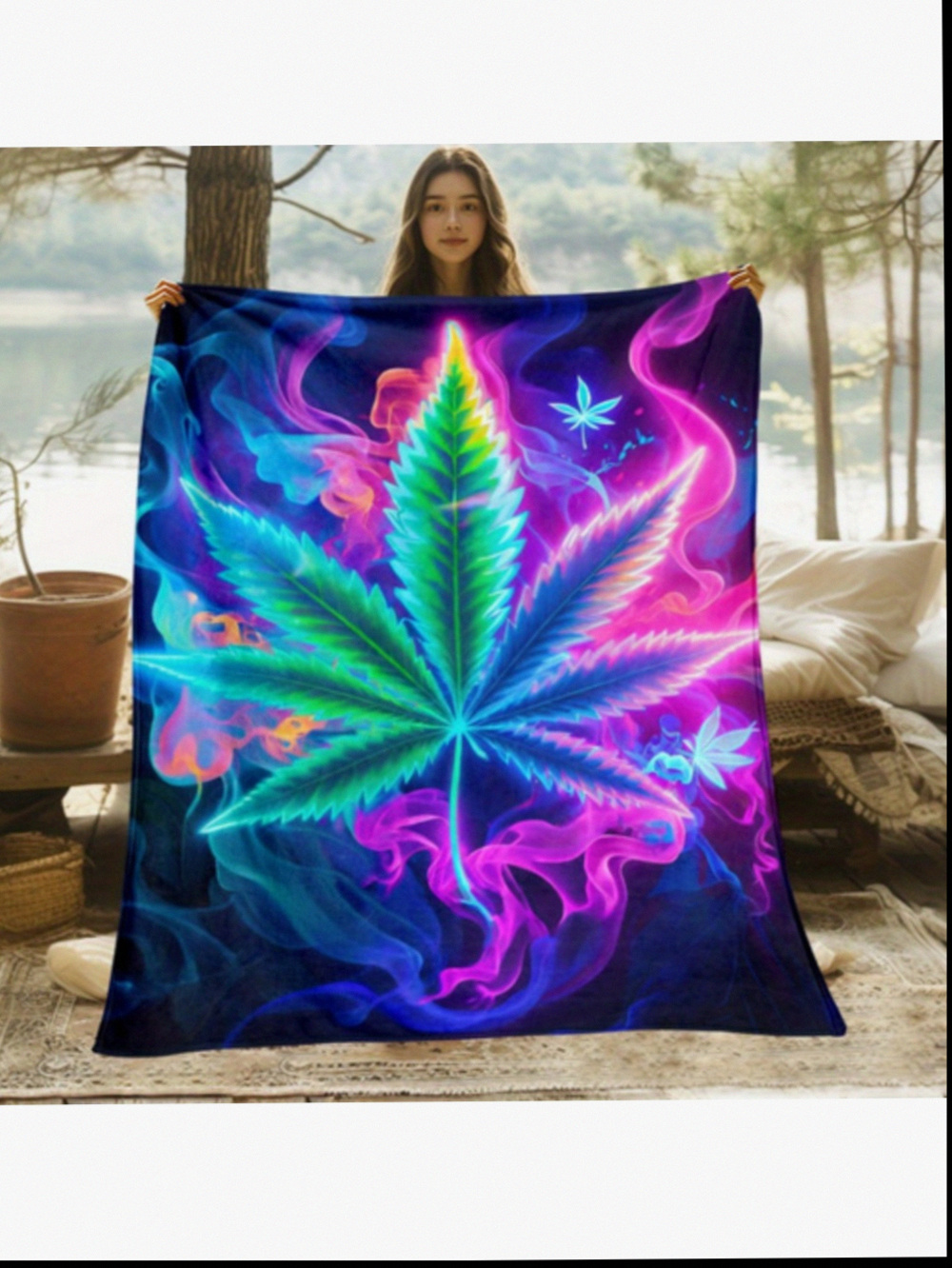 Extra Large Leaf Print Flannel Blanket Heavyweight 280GSM Soft Throw In Neon Green Blue Purple Pink Orange Black White Golden All Season Couch Bed Camping Travel Gift For Wee 2a227b