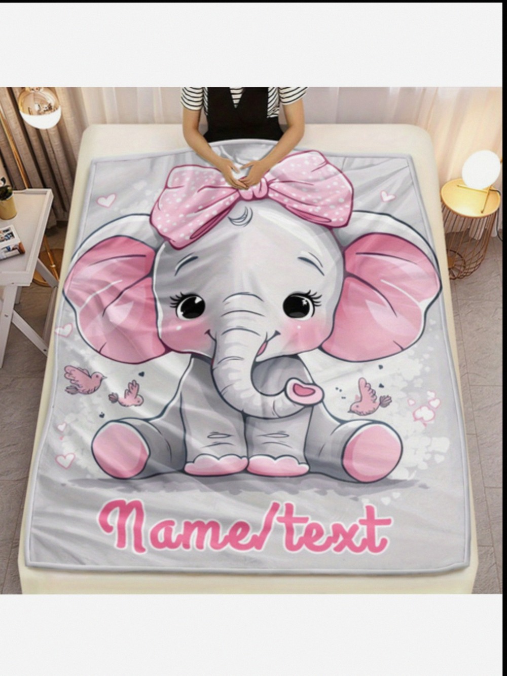 Glam Style Custom Name Elephant Flannel Throw Blanket 100 Polyester All Seasons Tear Resistant Digital Print Lightweight Warmth For Sofa Camping Office Bed 200 250gsm Knit Fabr 01d395