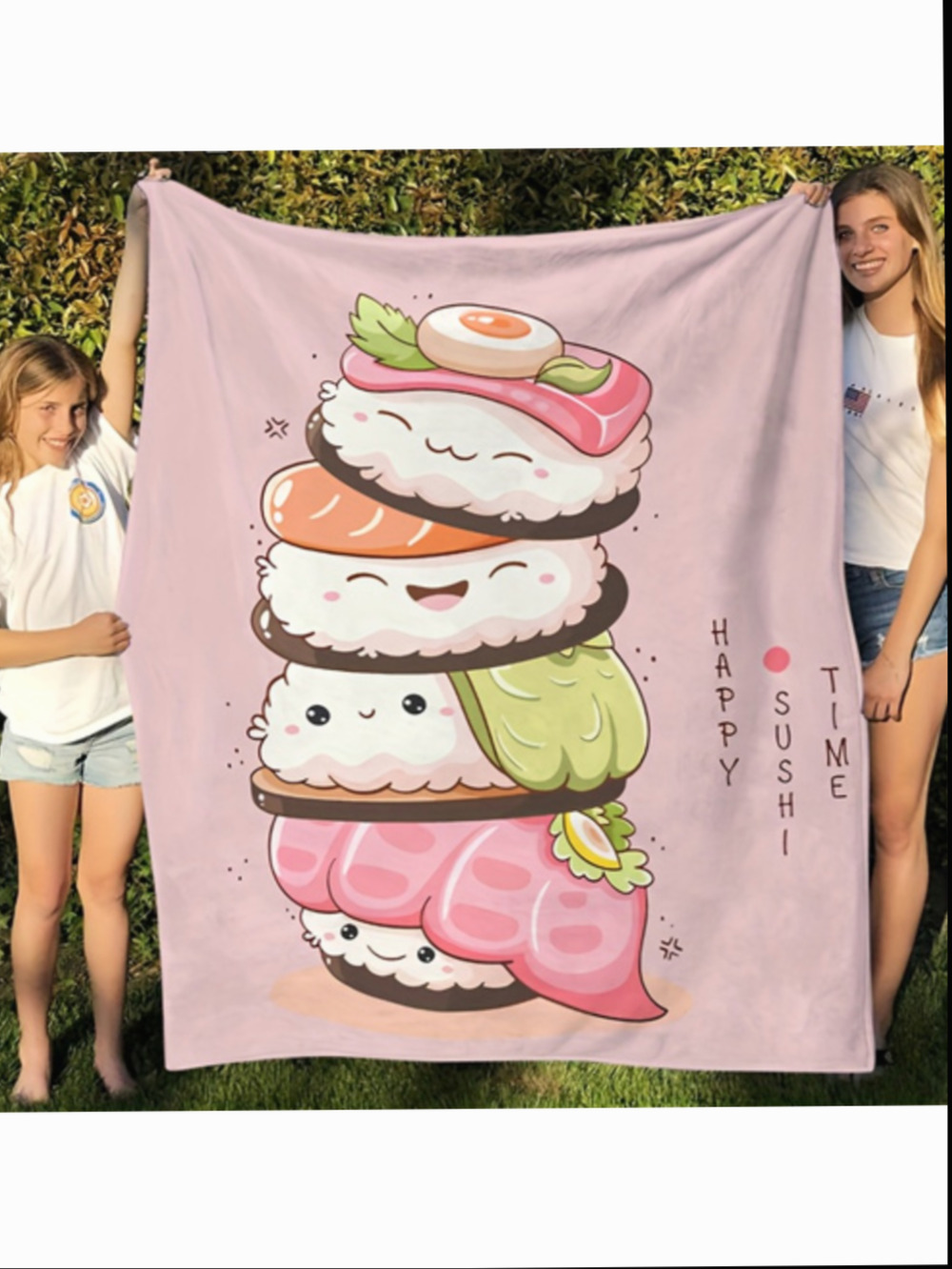 Happy Sushi Asian Influence All Season Throw Blanket Polyester Knitted Print With Novelty Food Embellishment Multipurpose For Bed Sofa Chair Living Room Decor Fun And Unique Gift Ecfabe