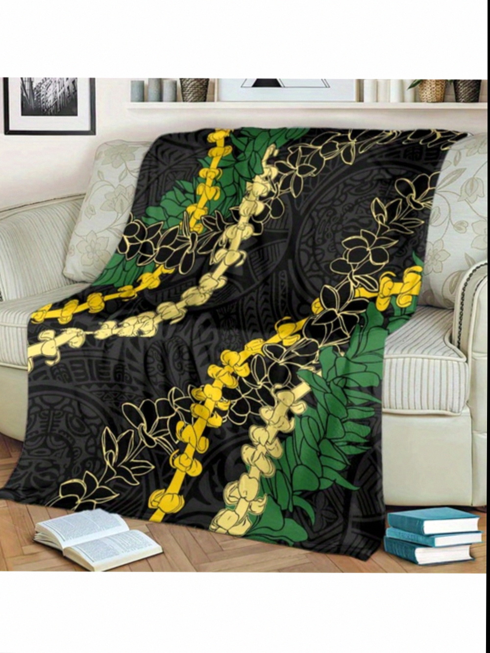 Hawaiian Inspired Soft Cozy Flannel Blanket With Black Obsidian Golden Accents Geometric Pattern All Season Comfort For Sofa Bedroom Living Room Machine Washable Digital Print E6d195