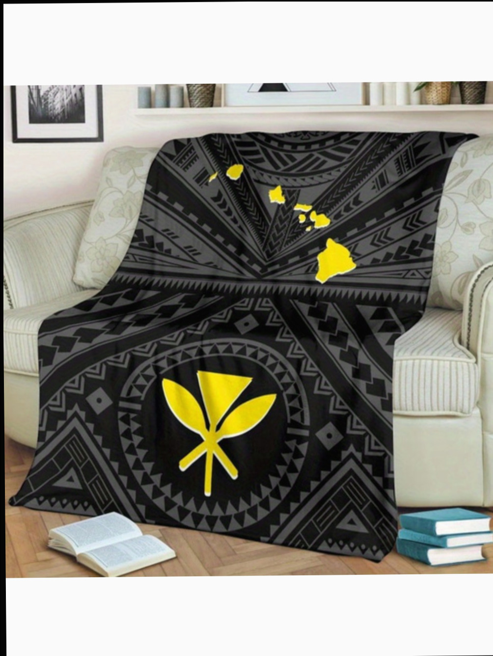 Hawaiian Kanaka Maoli Map Design Blanket Black Geometric Hawaiian Quilt With Yellow Leaf Motif Polyester Machine Washable Perfect For Sofa Bed Car Office Camping All Season Gif 7ea183
