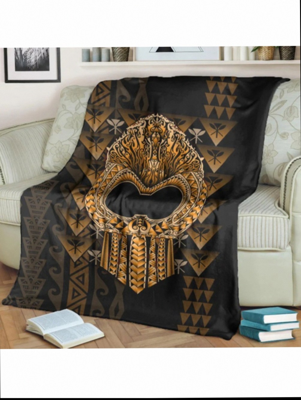 Hawaiian Polynesian Flannel Blanket Soft Cozy Geometric Pattern Throw For Sofa Bed Or Living Room Black With Golden Accents All Season Comfort Machine Washable Hawaiian Blanket A0e9df