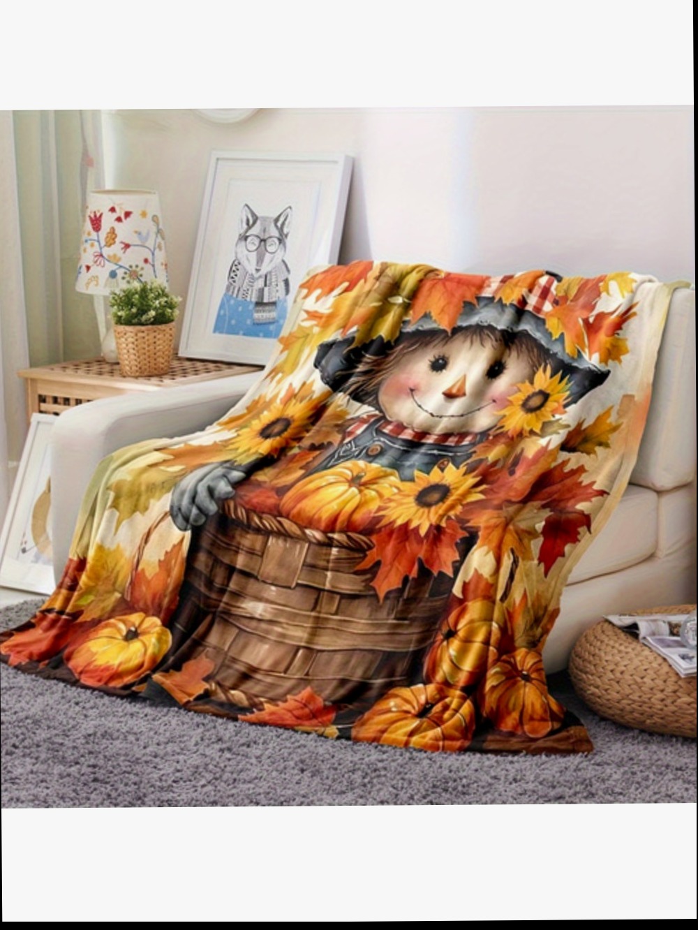 In Stock Festive AutumnThemed Ed Blanket Perfect For All Seasons Includes A Cute Scarecrow Pumpkins And Fall Leaves280gsm 09a27b